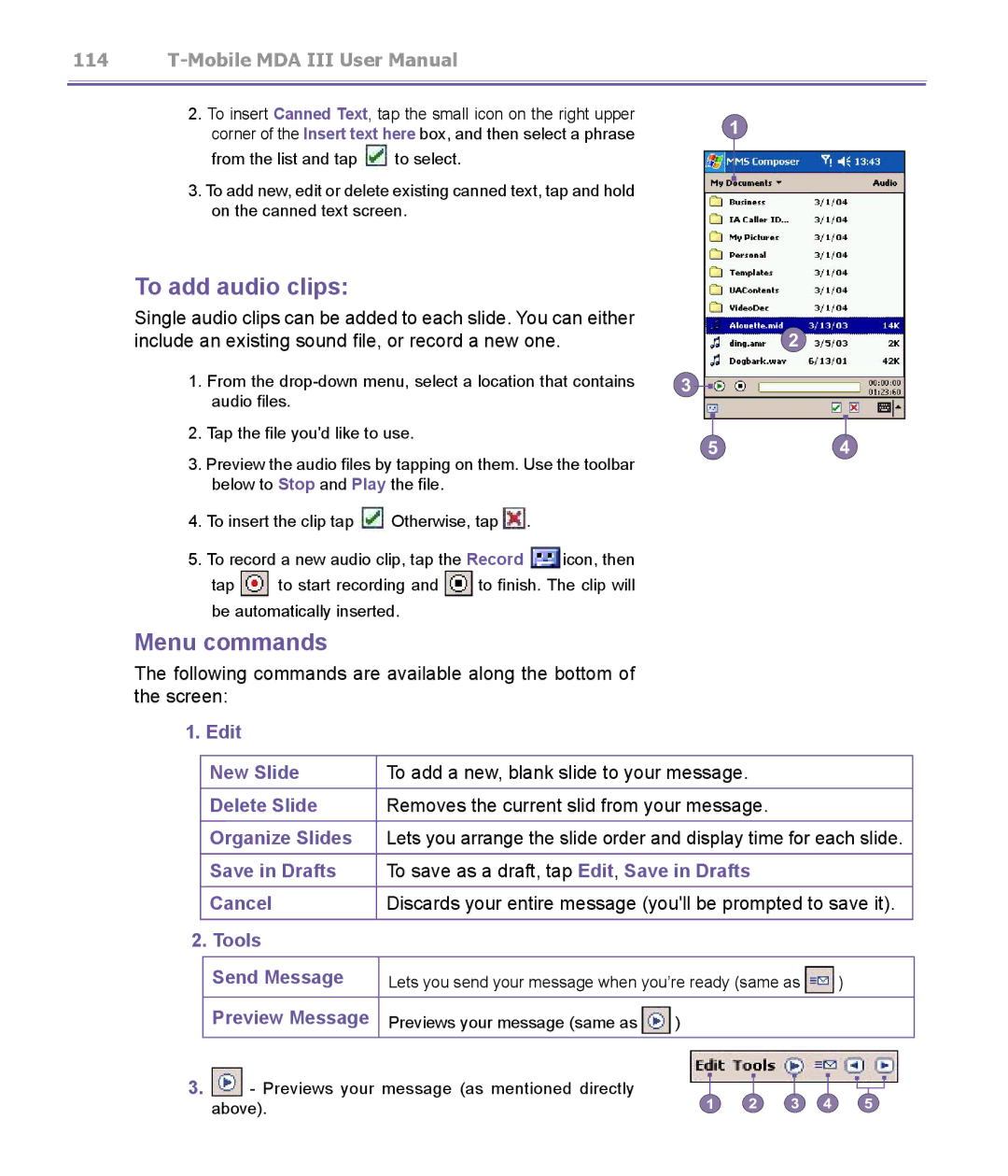 T-Mobile MDA III manual To add audio clips, Menu commands, Edit New Slide 