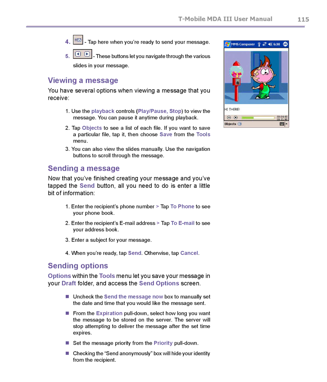 T-Mobile MDA III manual Viewing a message, Sending a message, Sending options 