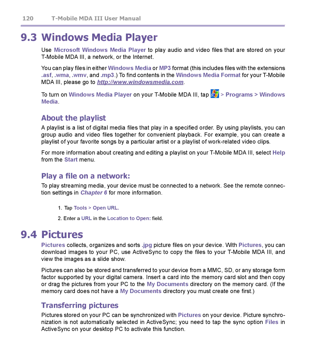 T-Mobile MDA III manual Windows Media Player, Pictures, About the playlist, Play a file on a network, Transferring pictures 