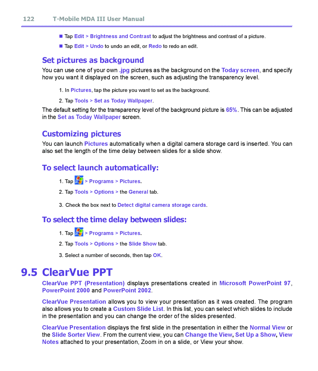 T-Mobile MDA III manual ClearVue PPT, Set pictures as background, Customizing pictures, To select launch automatically 