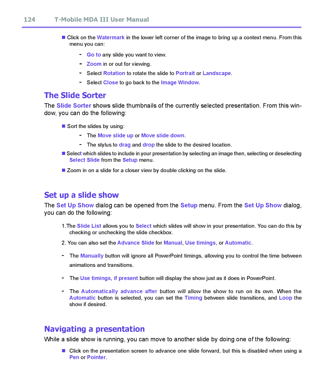 T-Mobile MDA III manual Slide Sorter, Set up a slide show, Navigating a presentation, Move slide up or Move slide down 