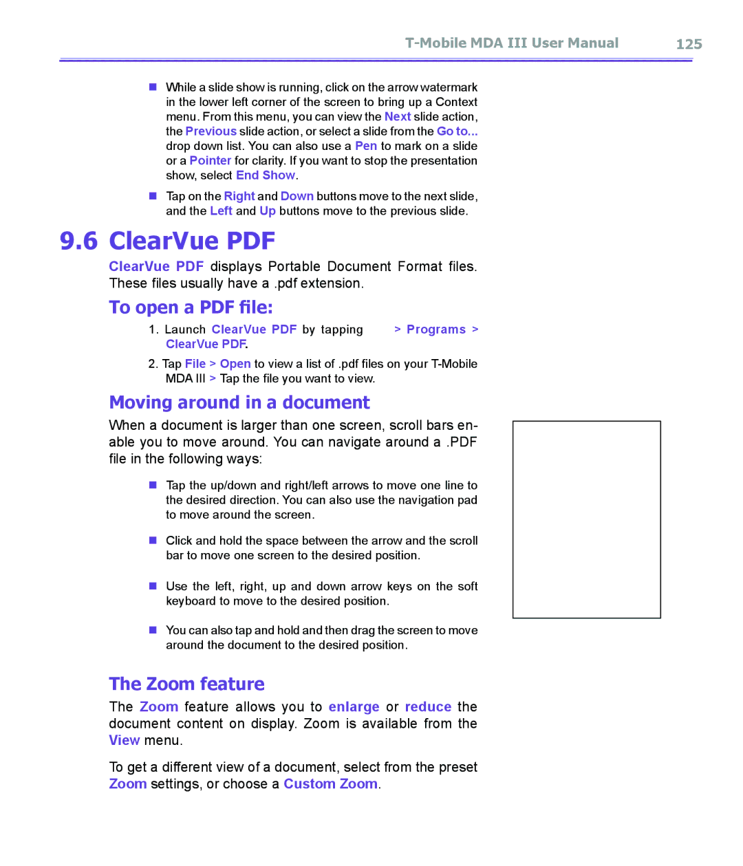 T-Mobile MDA III manual Moving around in a document, Zoom feature 