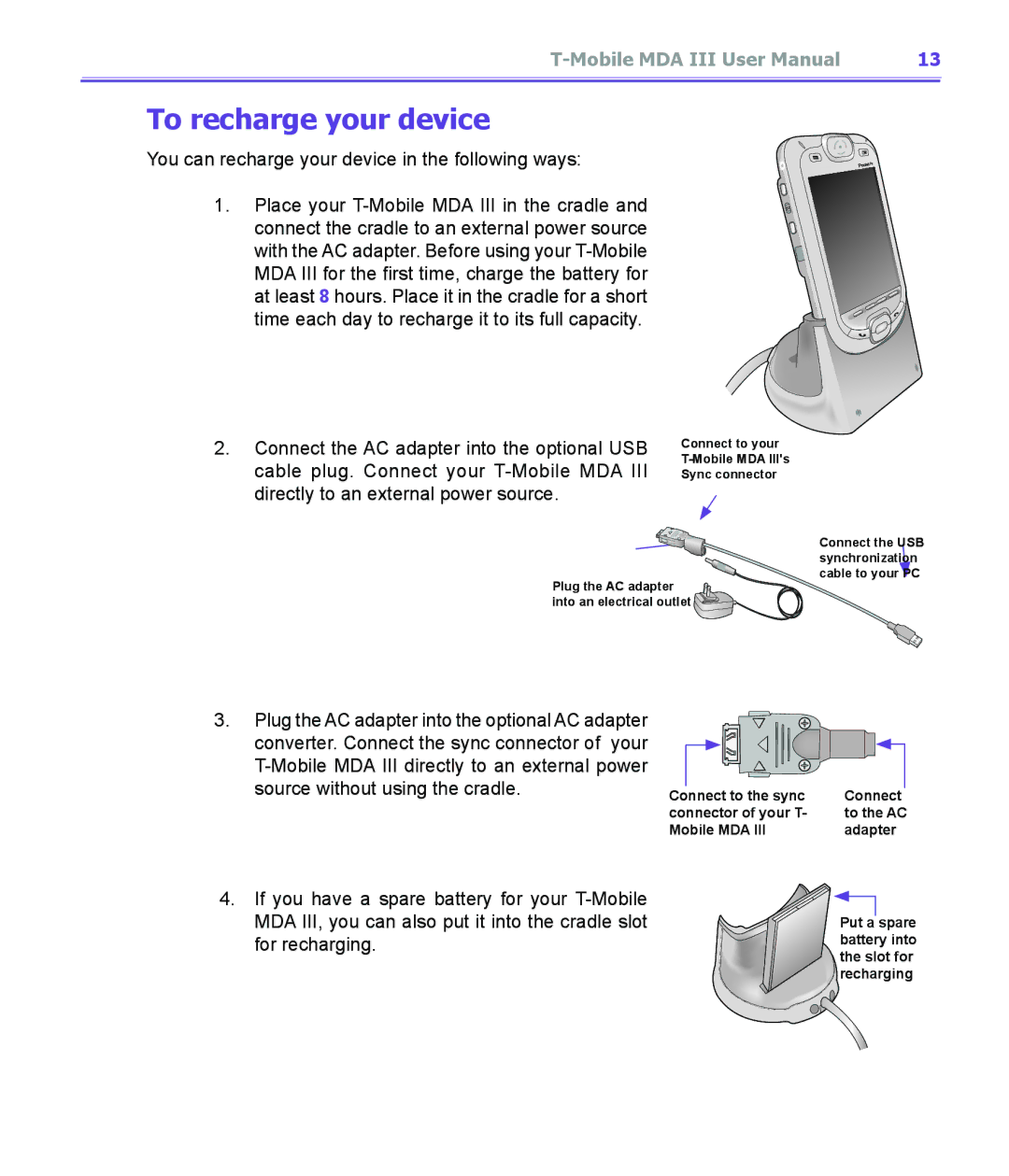 T-Mobile MDA III manual To recharge your device, You can recharge your device in the following ways 