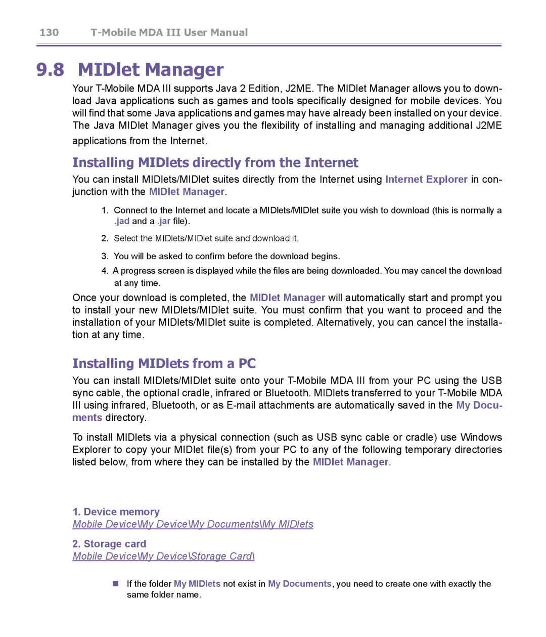 T-Mobile MDA III MIDlet Manager, Installing MIDlets directly from the Internet, Installing MIDlets from a PC, Storage card 