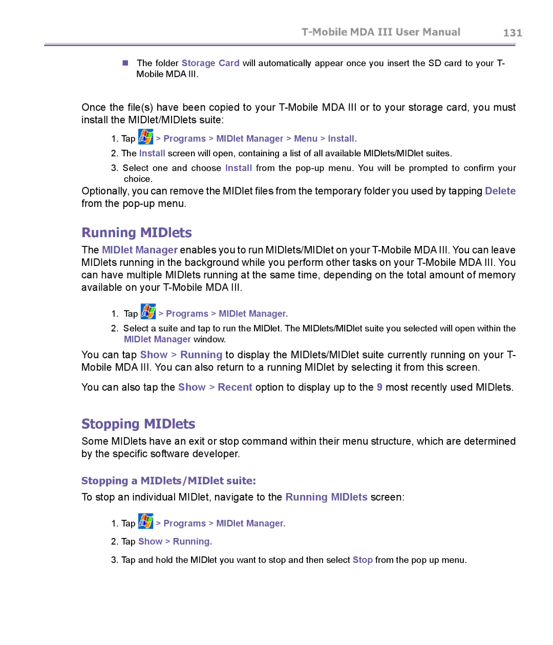 T-Mobile MDA III manual Running MIDlets, Stopping MIDlets, Tap Programs MIDlet Manager Menu Install 