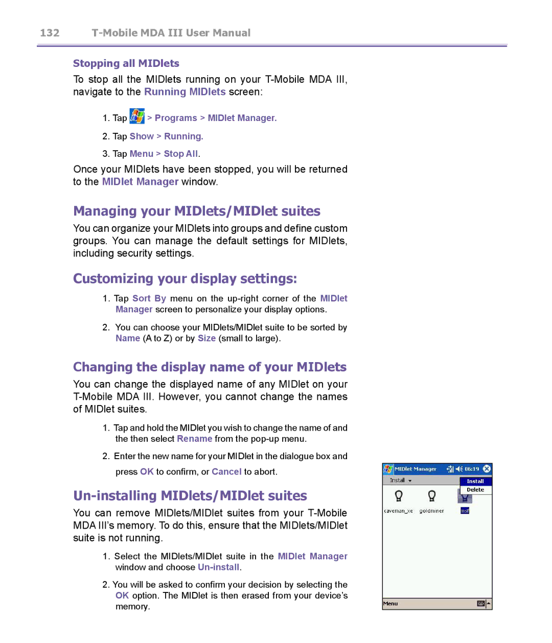 T-Mobile MDA III manual Managing your MIDlets/MIDlet suites, Customizing your display settings 