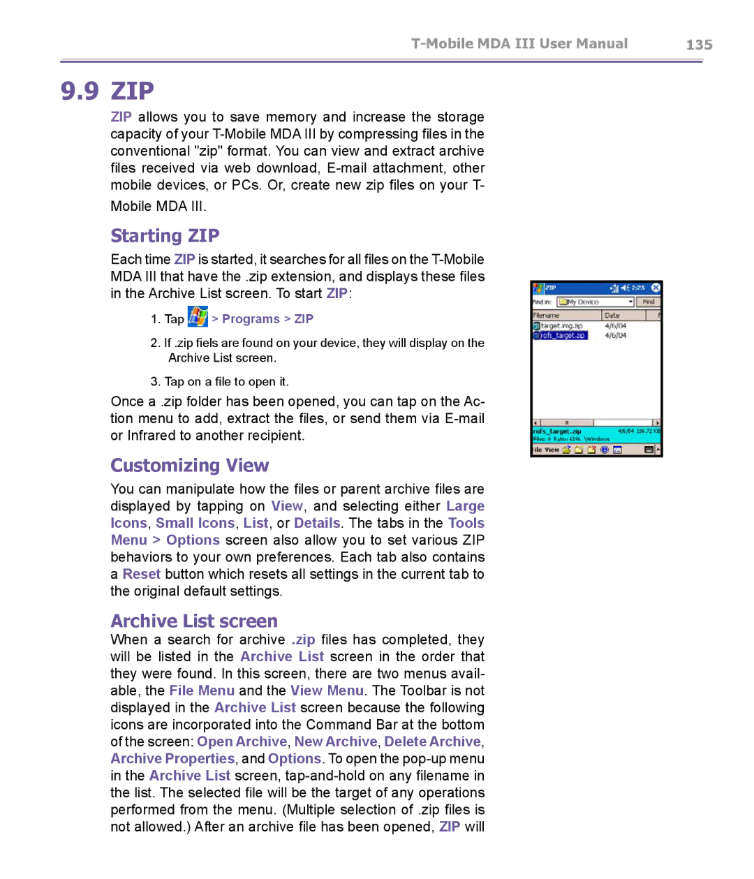 T-Mobile MDA III manual Zip, Starting ZIP, Customizing View, Archive List screen, Mobile MDA 