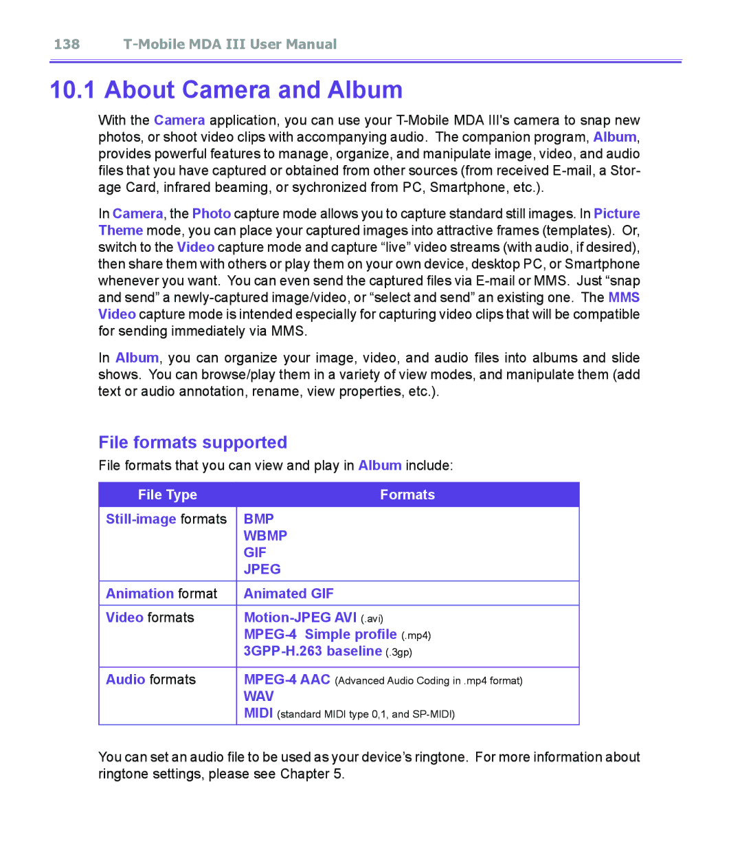 T-Mobile MDA III File formats supported, File formats that you can view and play in Album include, Still-image formats 