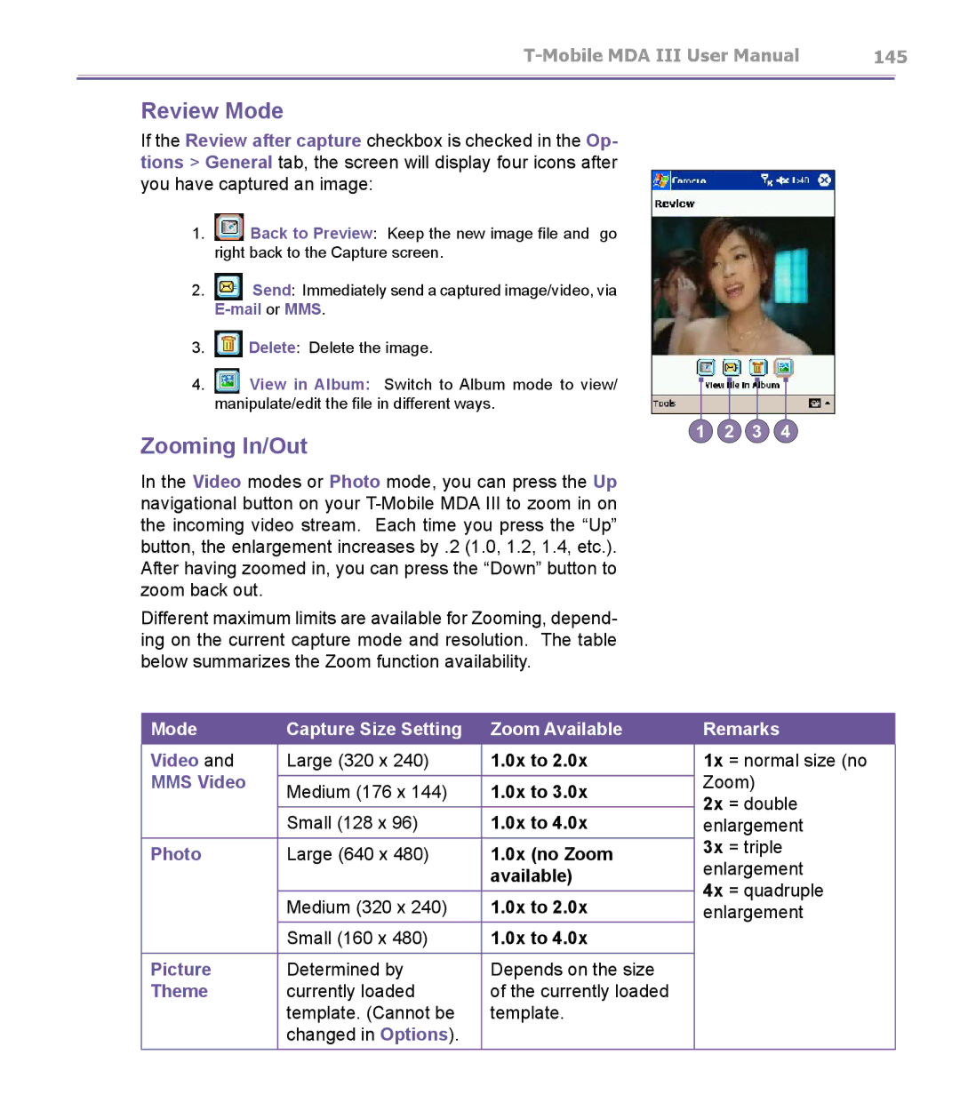 T-Mobile MDA III manual Review Mode, Zooming In/Out 
