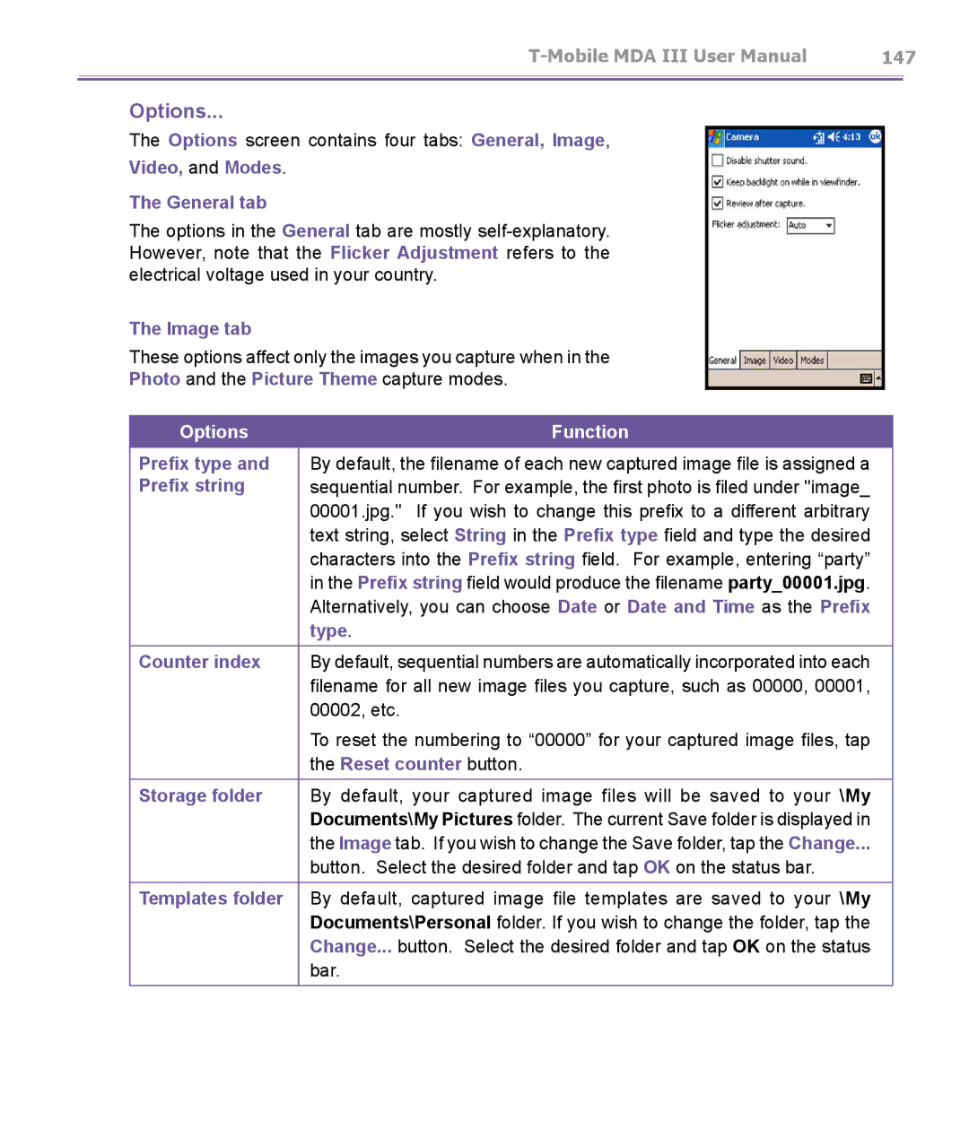 T-Mobile MDA III Video, and Modes General tab, Image tab, Prefix type, Prefix string, Type, Counter index, Storage folder 