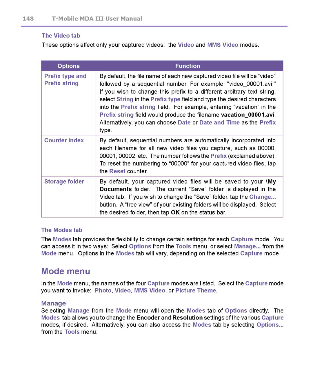 T-Mobile MDA III manual Video tab, Modes tab 