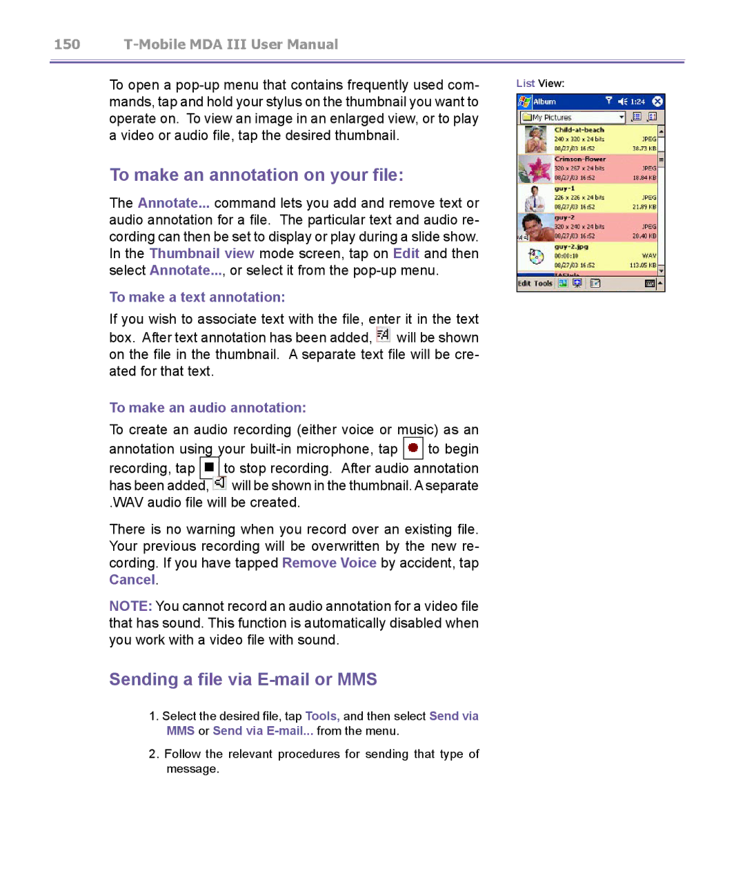 T-Mobile MDA III manual To make an annotation on your file, Sending a file via E-mail or MMS, To make a text annotation 
