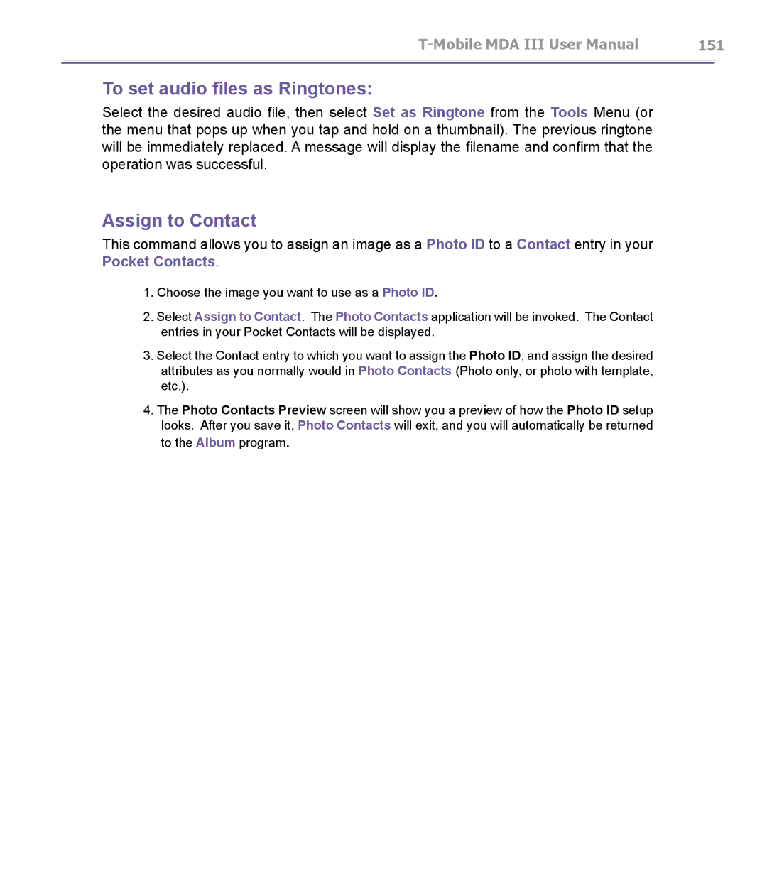 T-Mobile MDA III manual To set audio files as Ringtones, Assign to Contact 