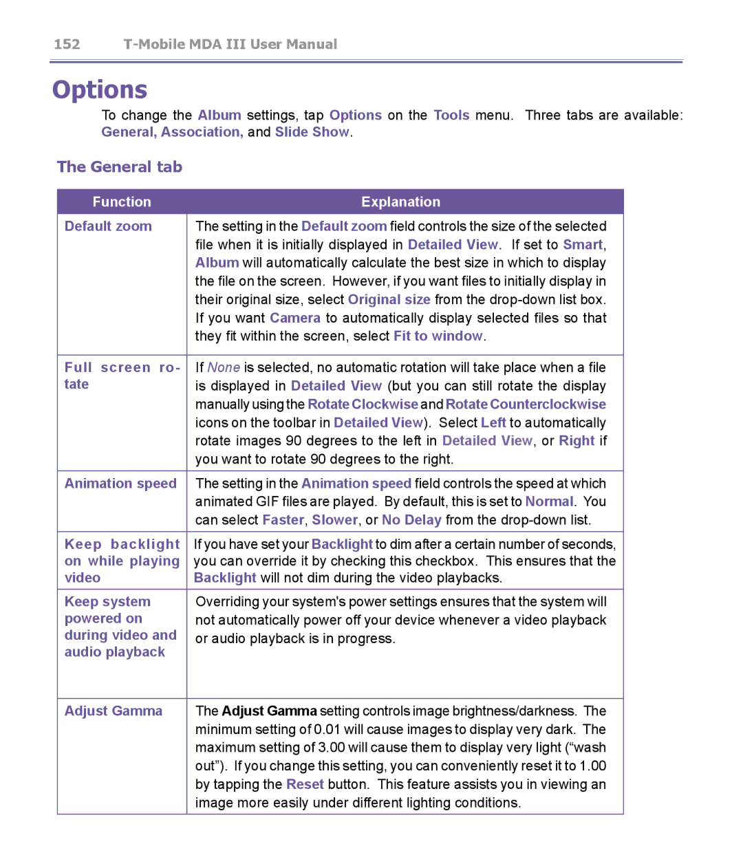 T-Mobile MDA III manual Options 