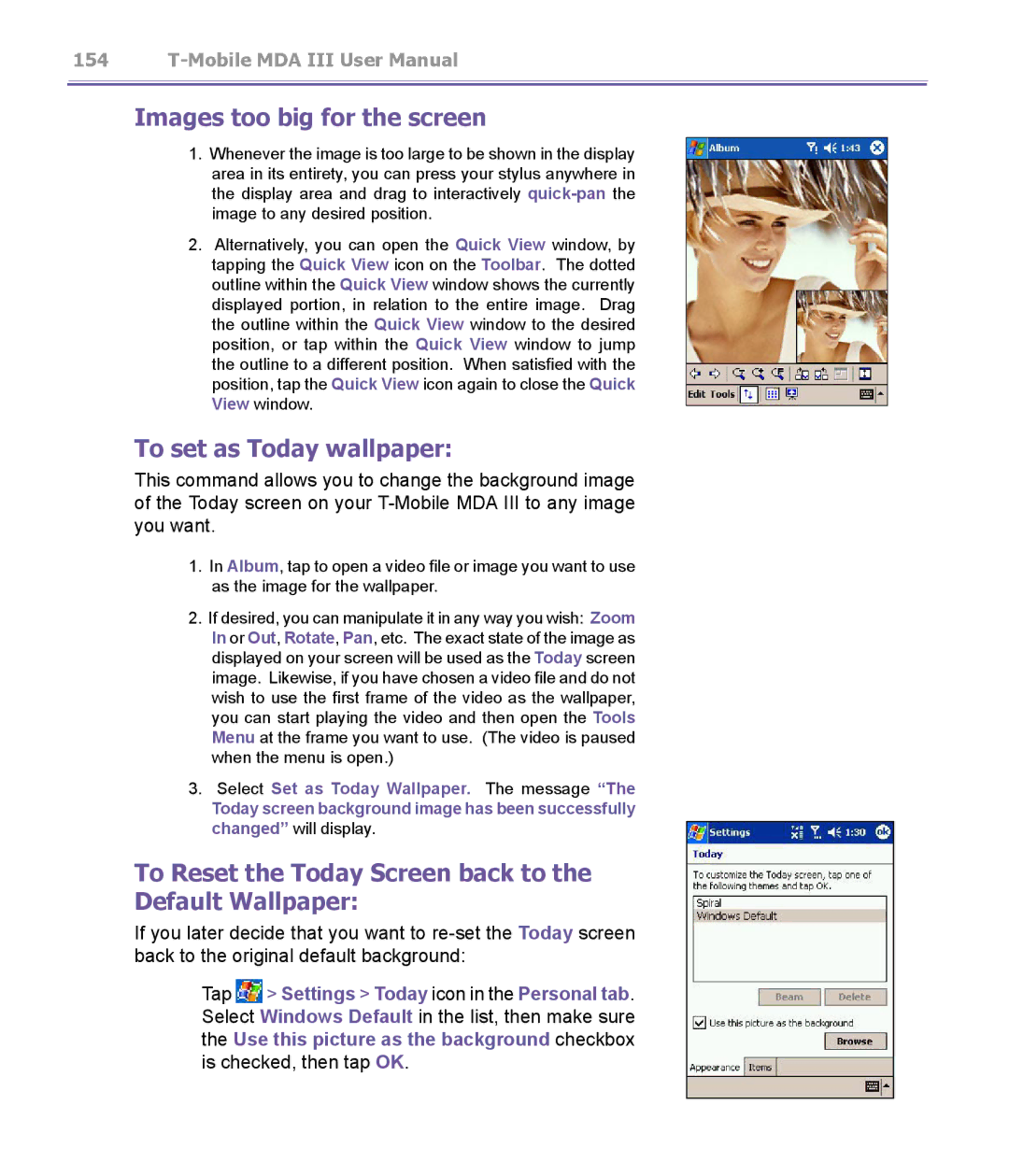 T-Mobile MDA III manual Images too big for the screen, To set as Today wallpaper 