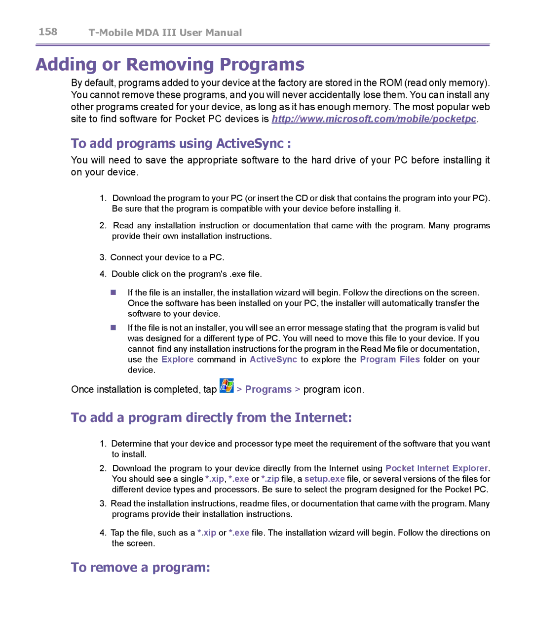 T-Mobile MDA III manual Adding or Removing Programs, To add programs using ActiveSync, To remove a program 
