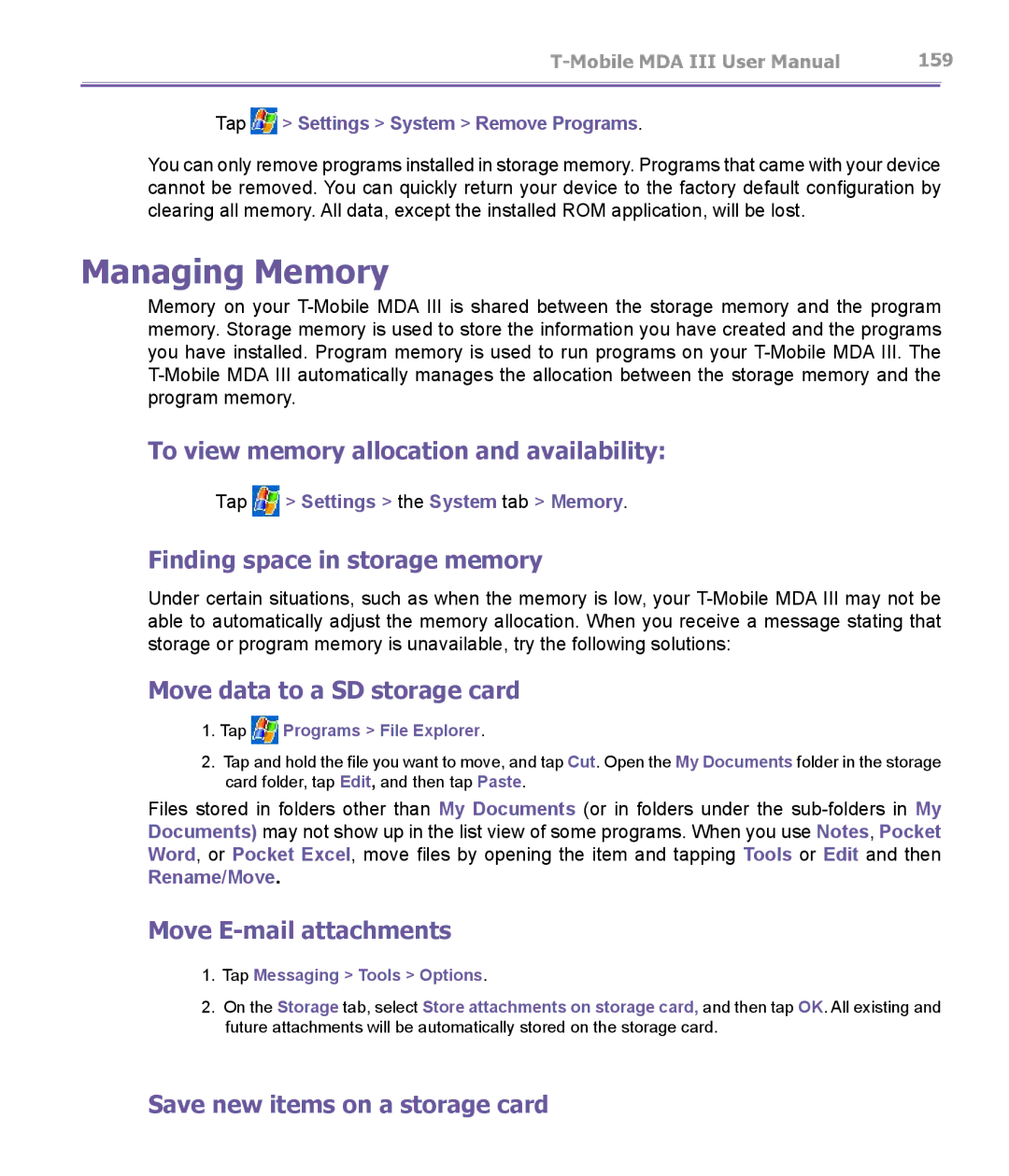 T-Mobile MDA III manual Managing Memory 