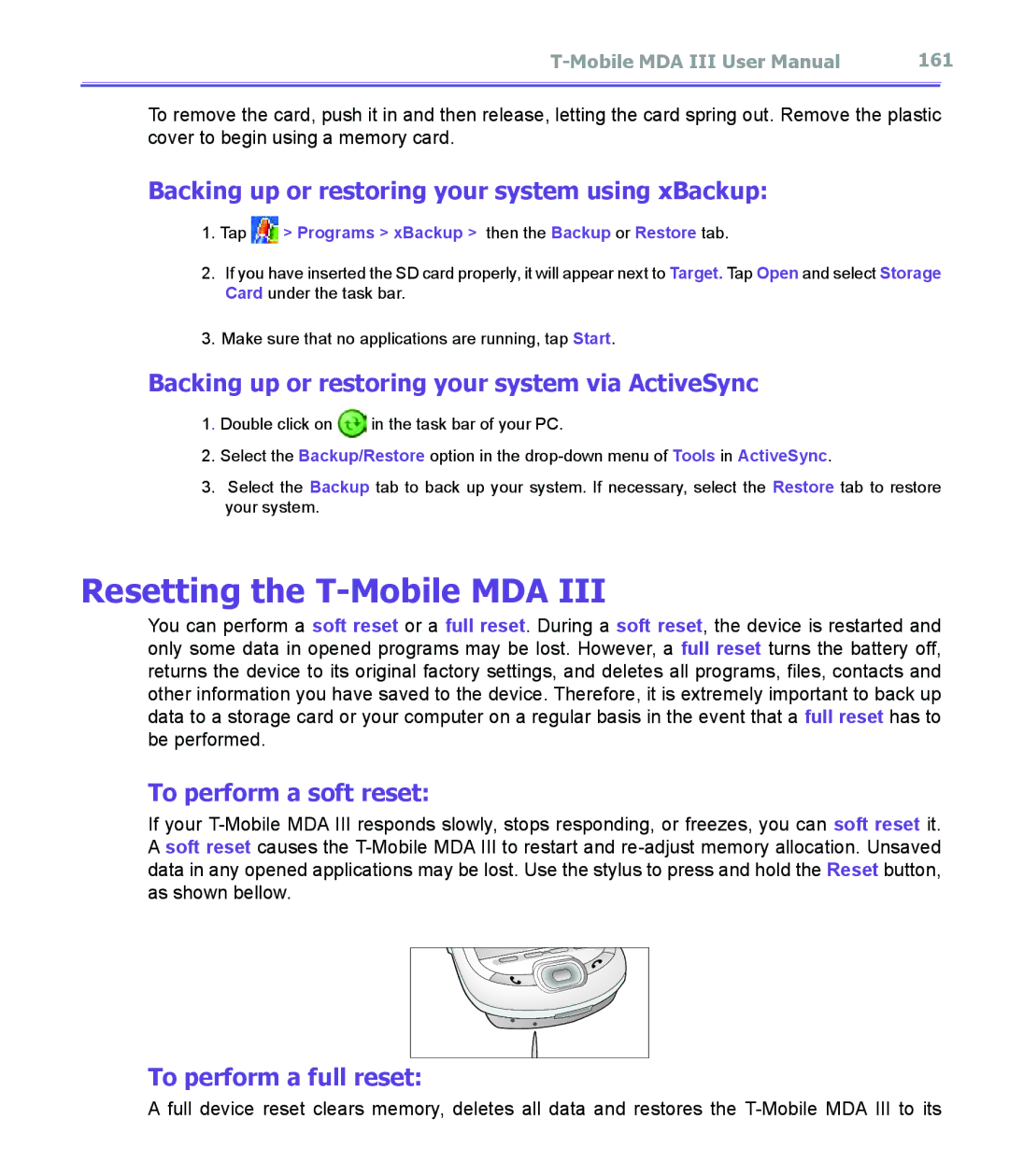 T-Mobile MDA III Resetting the T-Mobile MDA, Backing up or restoring your system using xBackup, To perform a soft reset 