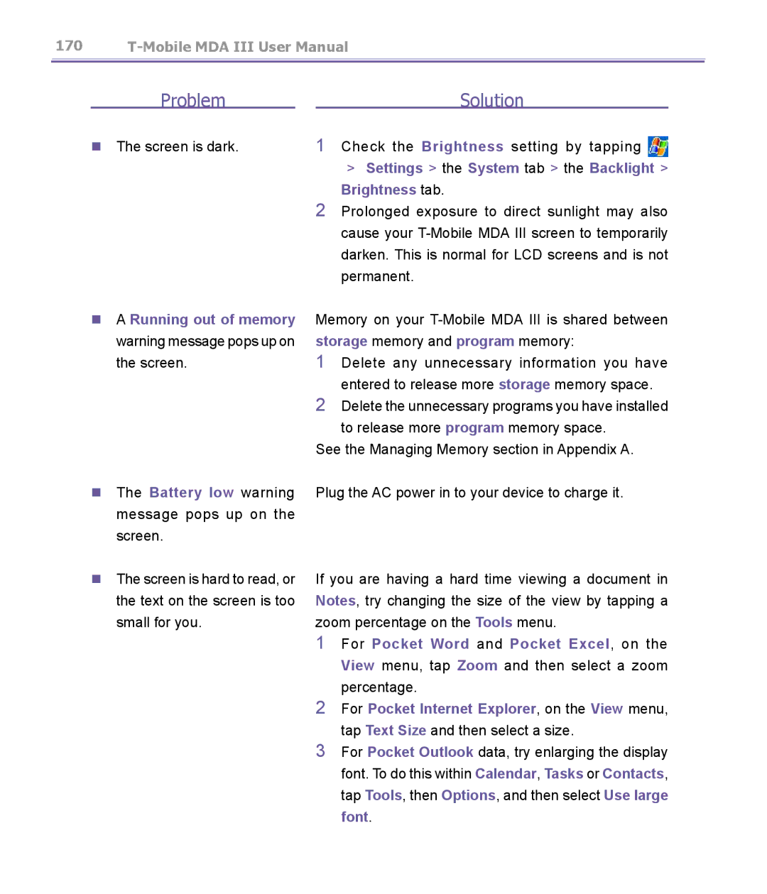 T-Mobile MDA III manual Screen is dark Check the Brightness setting by tapping 