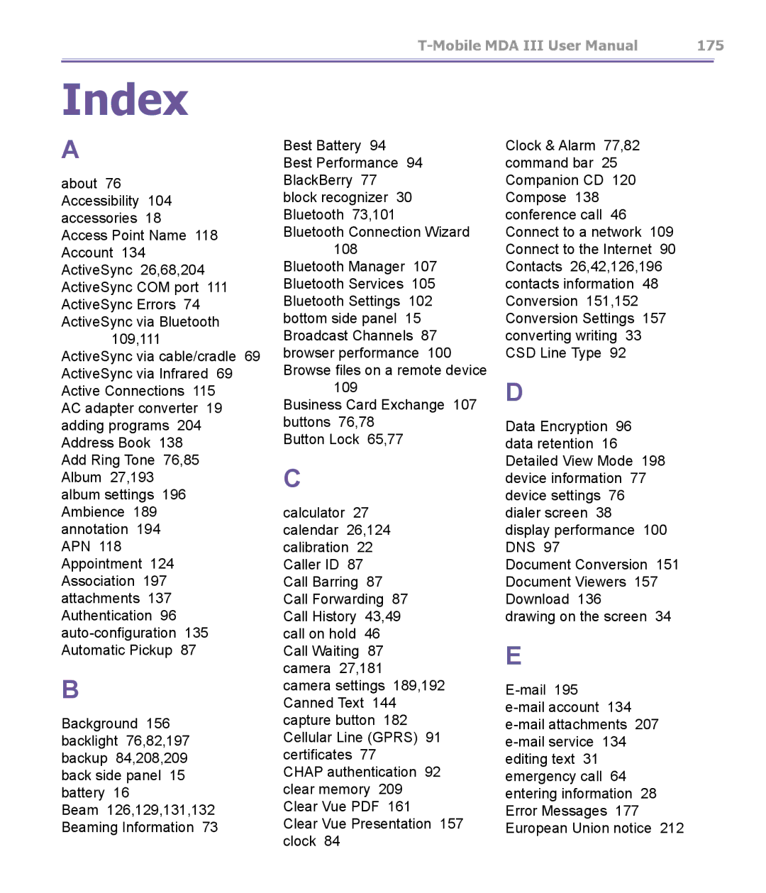 T-Mobile MDA III manual Index 