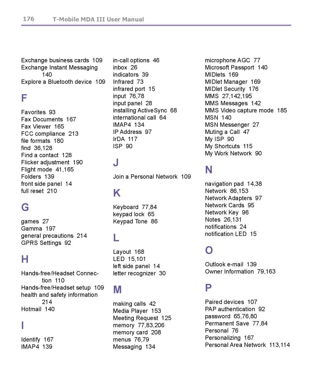 T-Mobile MDA III manual Exchange business cards 109 Exchange Instant Messaging 