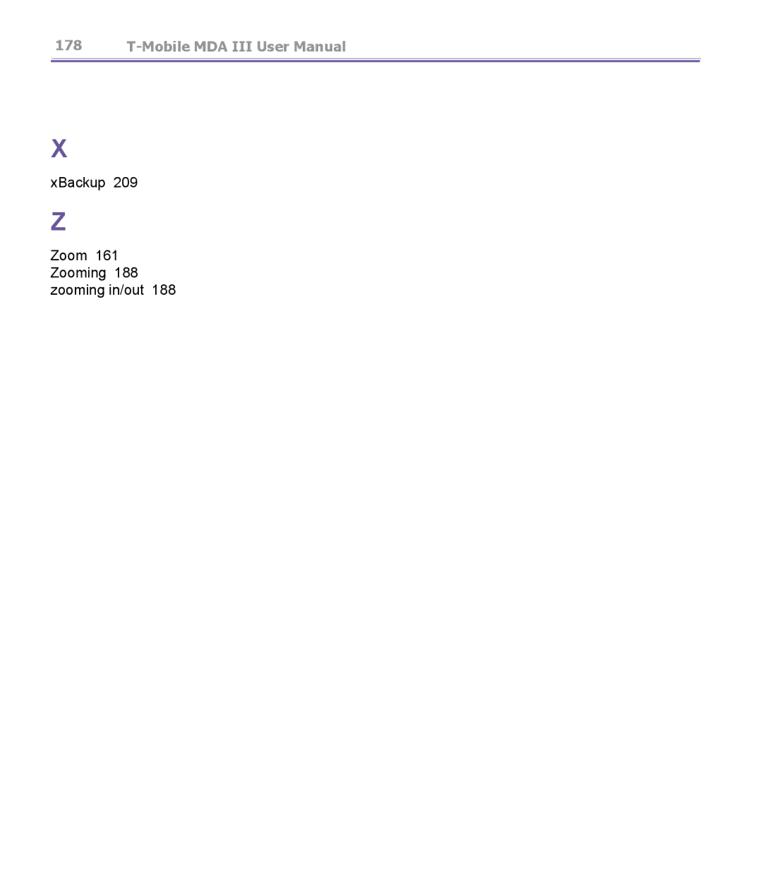 T-Mobile MDA III manual XBackup Zoom 161 Zooming 188 zooming in/out 