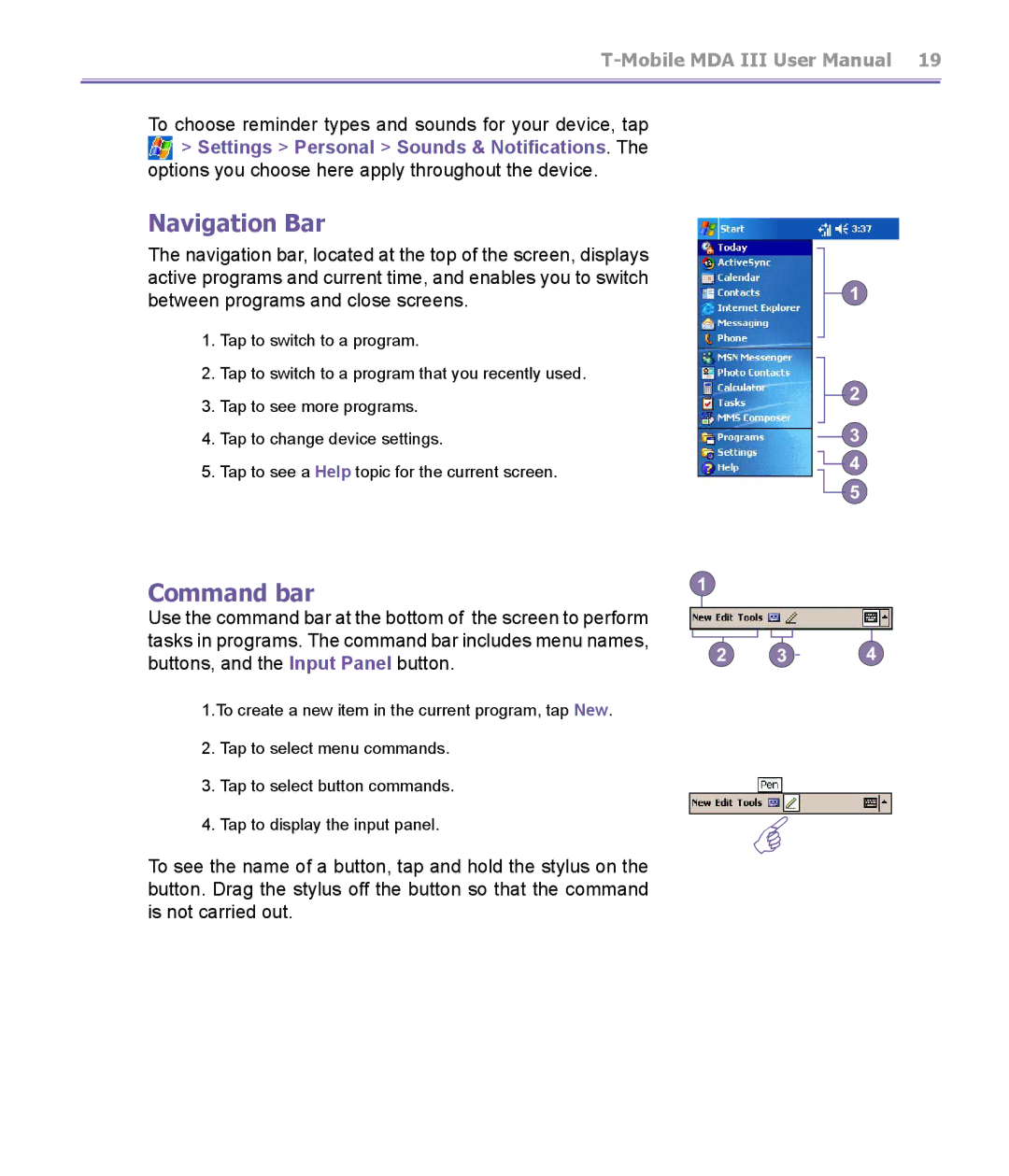 T-Mobile MDA III manual Navigation Bar, Command bar, To choose reminder types and sounds for your device, tap 