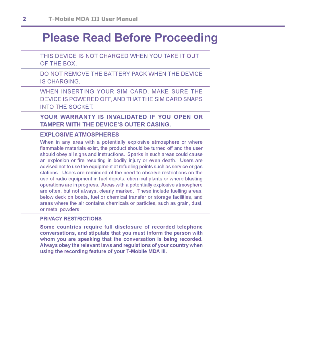 T-Mobile MDA III manual Please Read Before Proceeding 