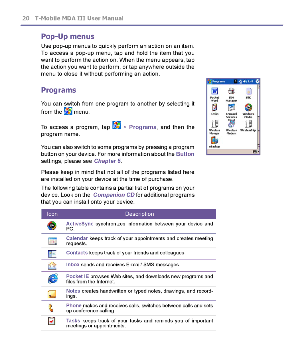 T-Mobile MDA III manual Pop-Up menus, Programs 