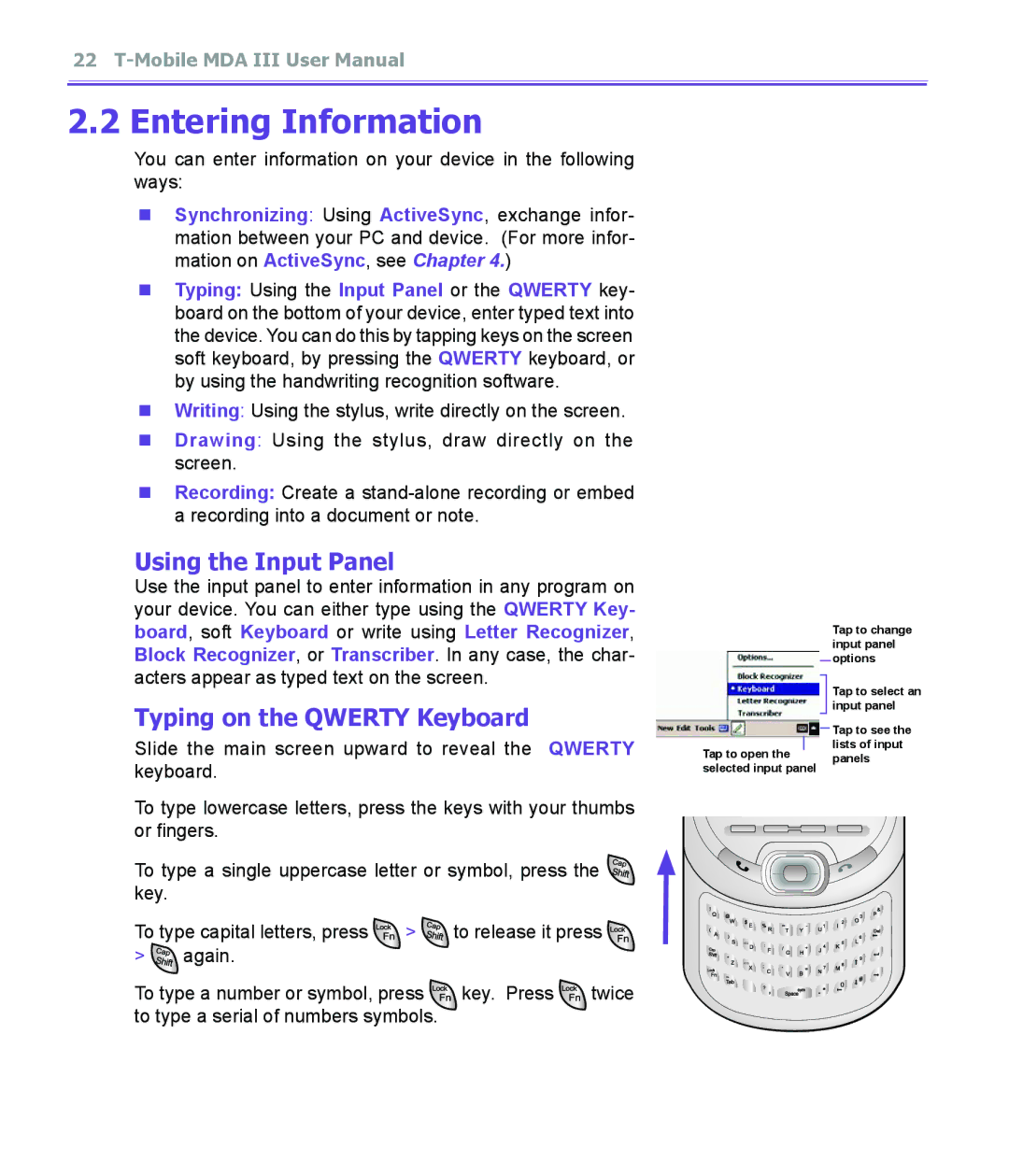 T-Mobile MDA III manual Entering Information, Using the Input Panel, Typing on the Qwerty Keyboard 