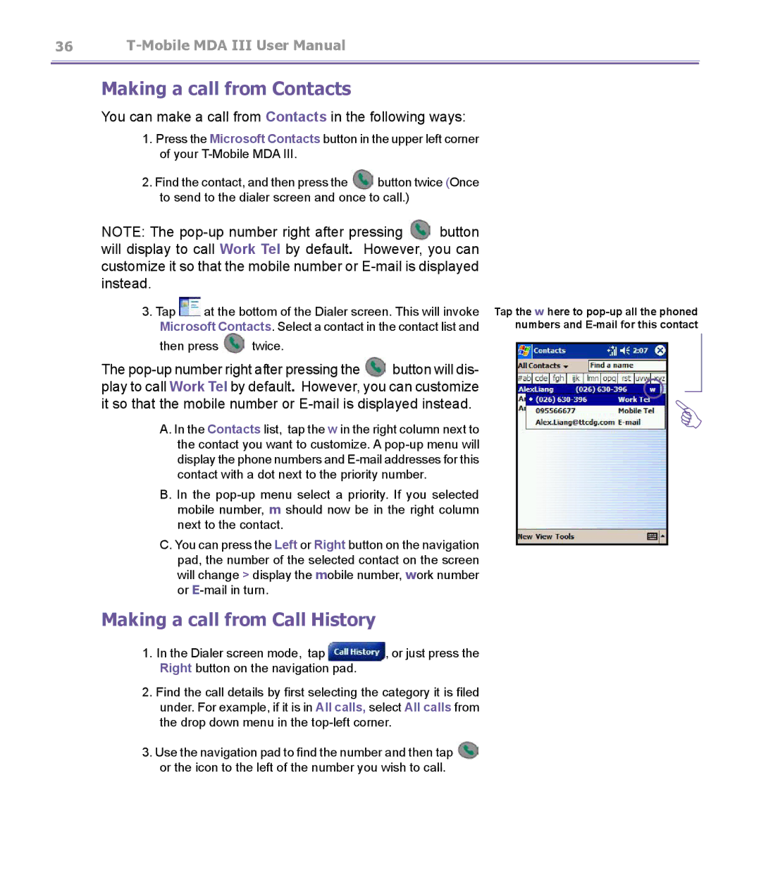 T-Mobile MDA III manual Making a call from Contacts, Making a call from Call History 