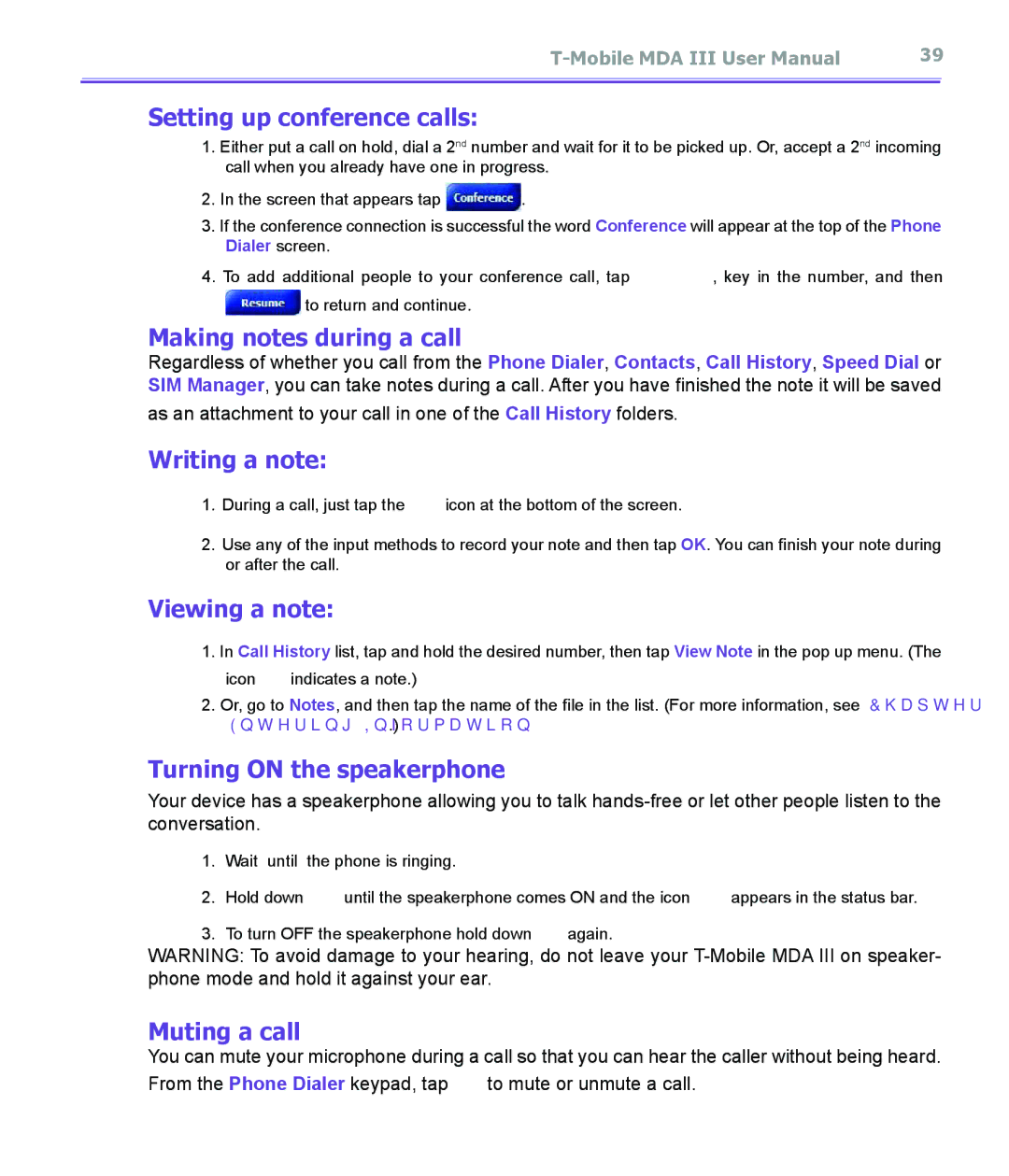 T-Mobile MDA III Setting up conference calls, Making notes during a call, Writing a note, Viewing a note, Muting a call 