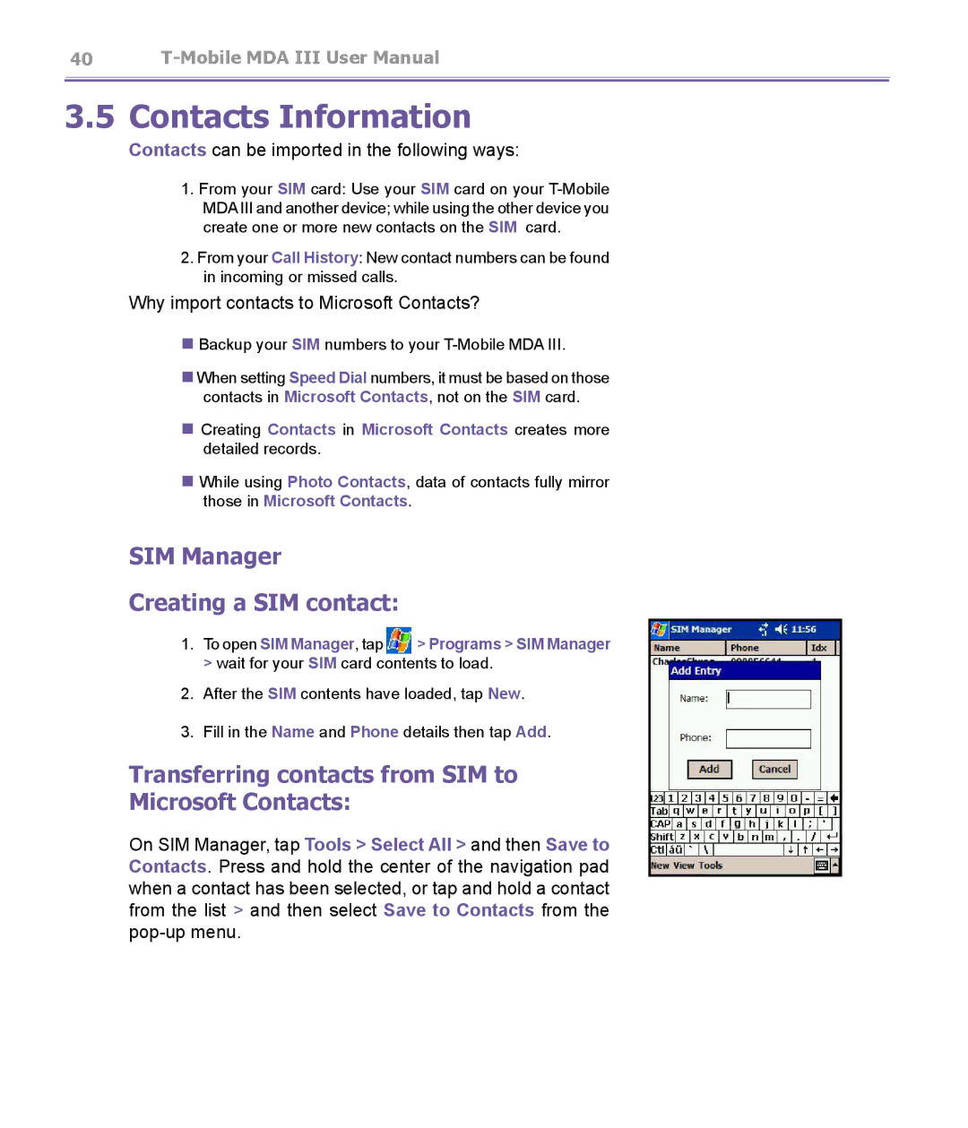 T-Mobile MDA III Contacts Information, SIM Manager Creating a SIM contact, Contacts can be imported in the following ways 