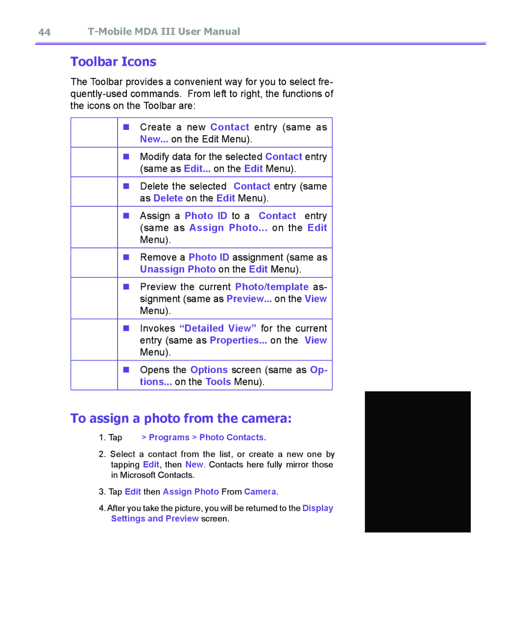 T-Mobile MDA III manual Toolbar Icons, To assign a photo from the camera 
