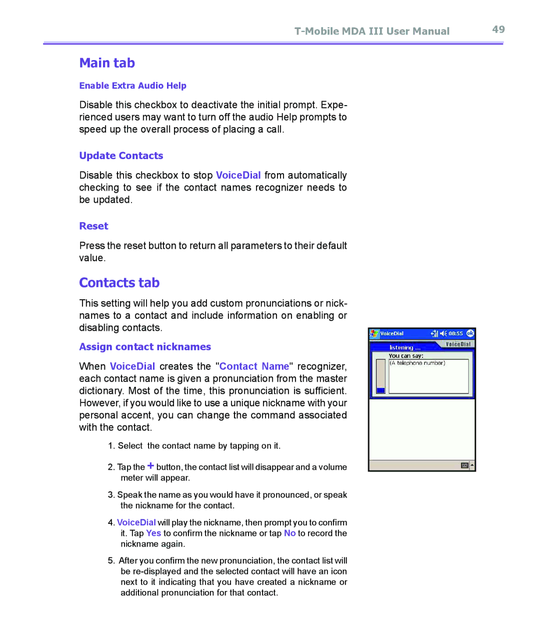 T-Mobile MDA III manual Main tab, Contacts tab 