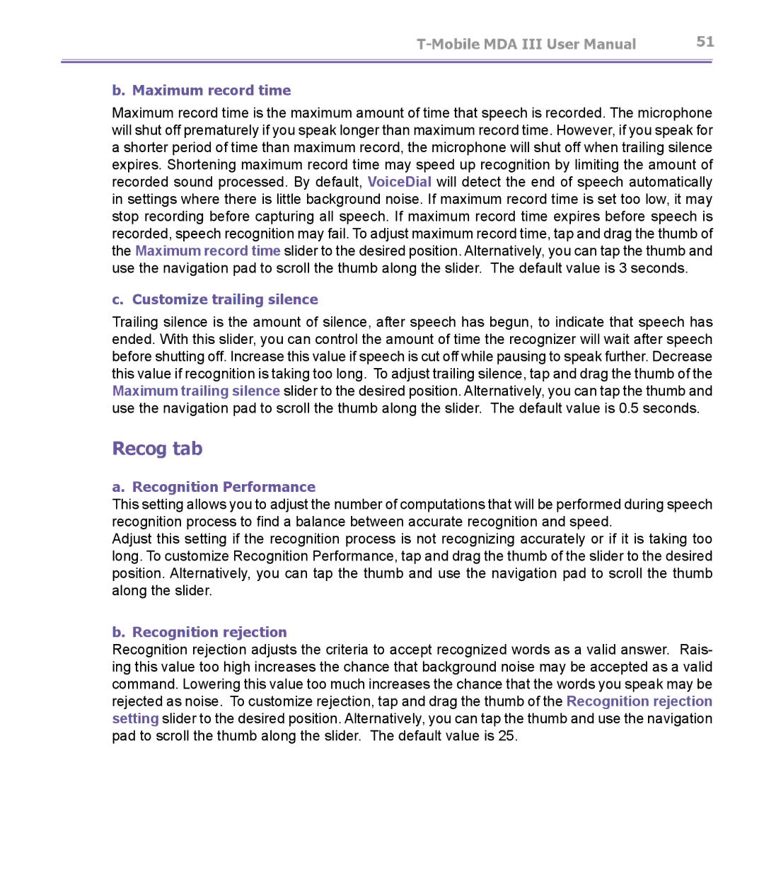 T-Mobile MDA III manual Recog tab, Maximum record time 