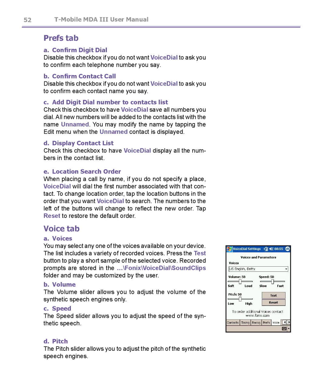 T-Mobile MDA III manual Prefs tab, Voice tab 