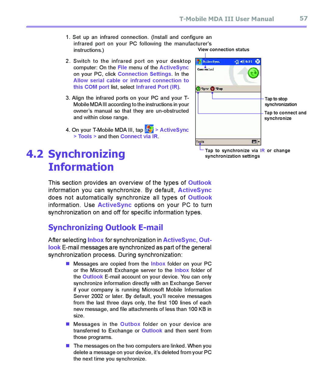 T-Mobile MDA III manual Synchronizing Information, Synchronizing Outlook E-mail, Tools and then Connect via IR 