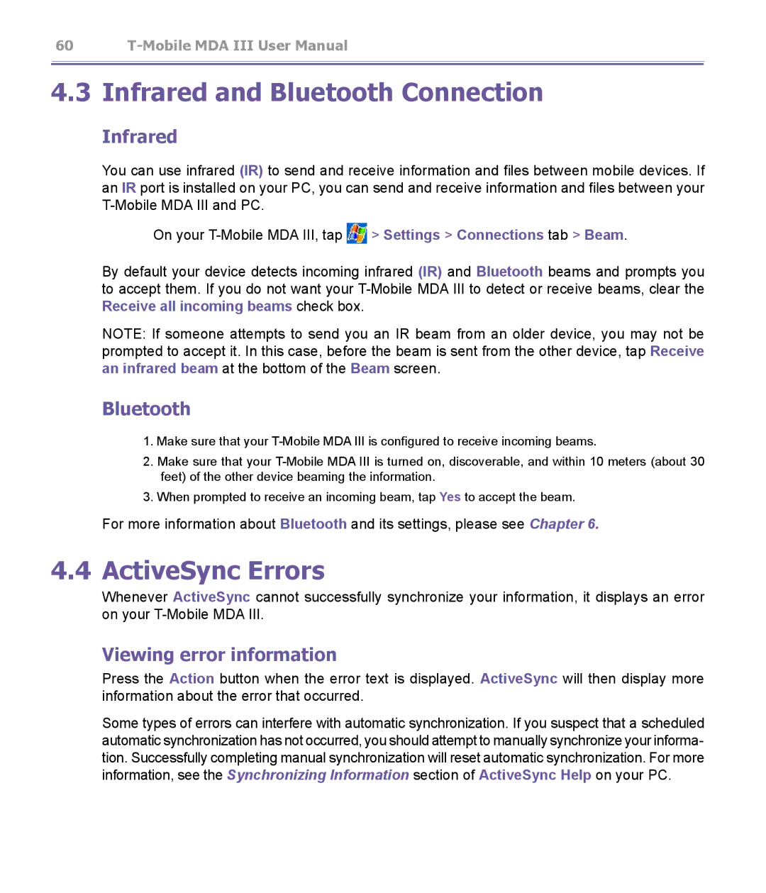 T-Mobile MDA III manual Infrared and Bluetooth Connection, ActiveSync Errors, Viewing error information 