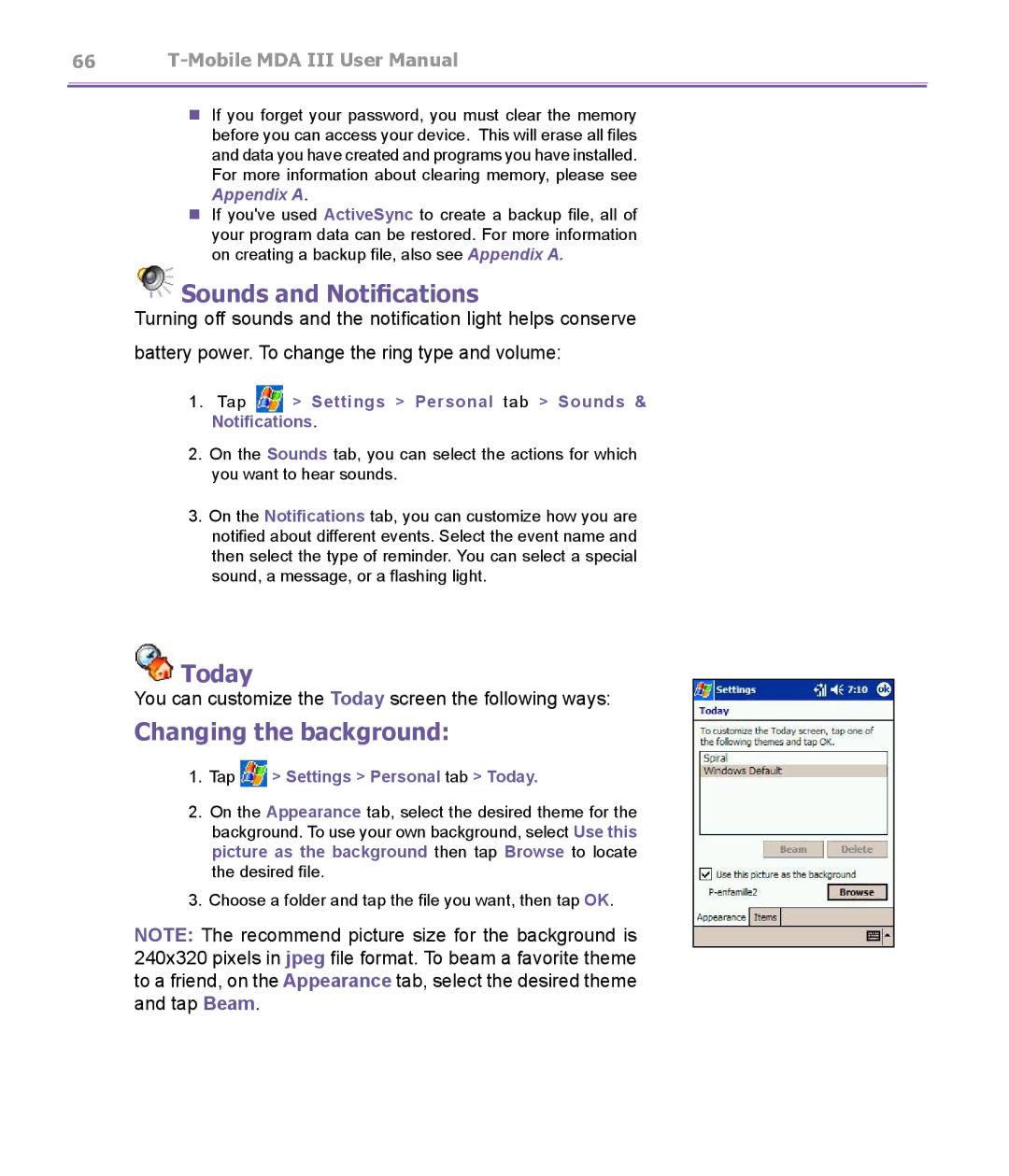 T-Mobile MDA III manual Sounds and Notifications, Today, Changing the background 