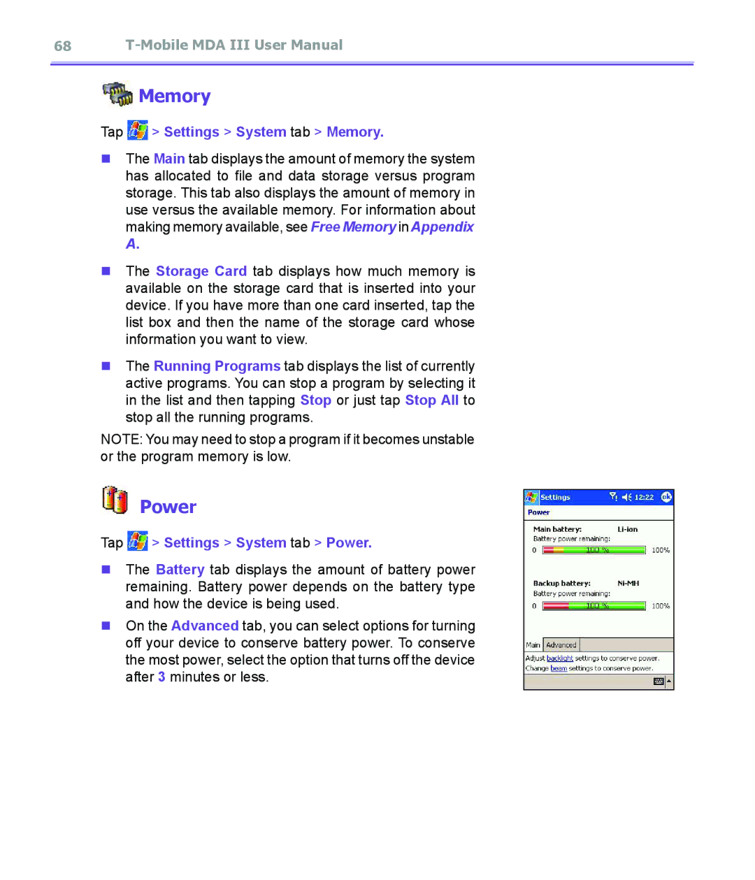 T-Mobile MDA III manual Tap Settings System tab Memory, Tap Settings System tab Power 