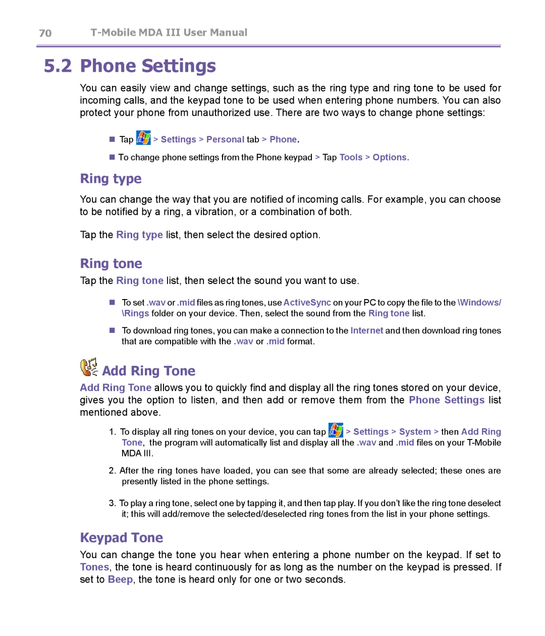 T-Mobile MDA III manual Phone Settings, Ring type, Ring tone, Add Ring Tone, Keypad Tone 