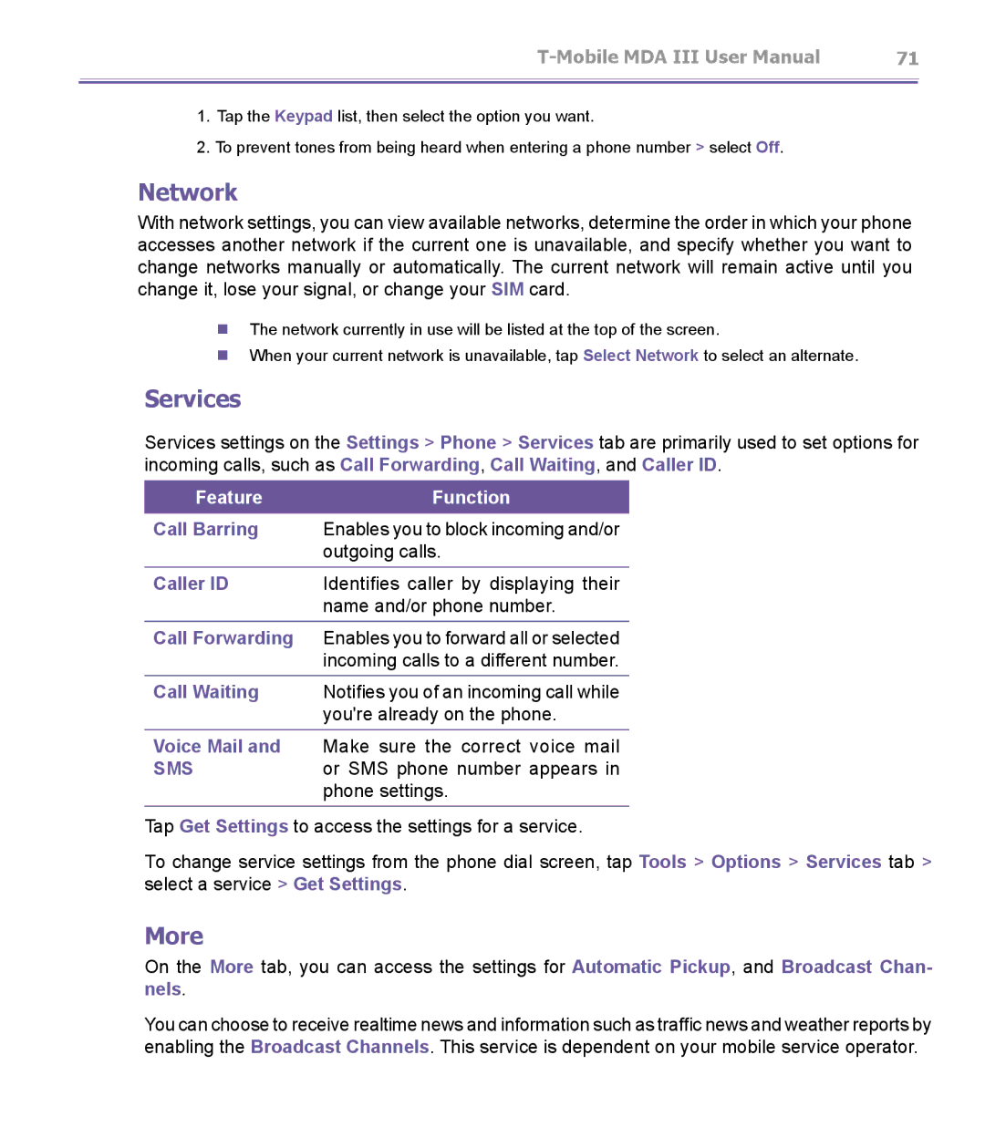 T-Mobile MDA III manual Network, Services, More 