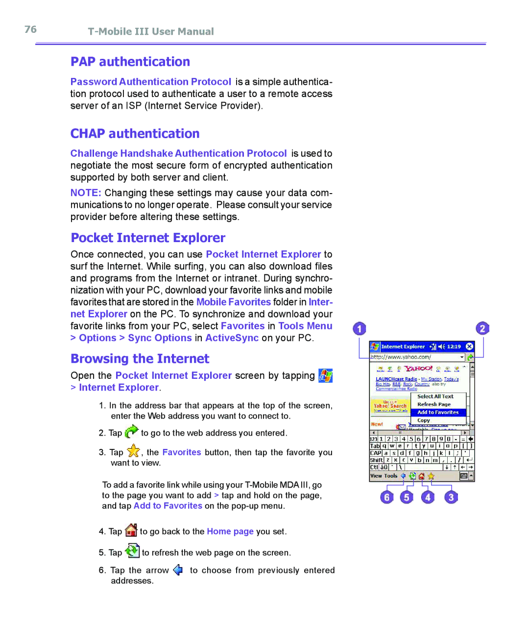 T-Mobile MDA III manual PAP authentication, Chap authentication, Pocket Internet Explorer, Browsing the Internet 