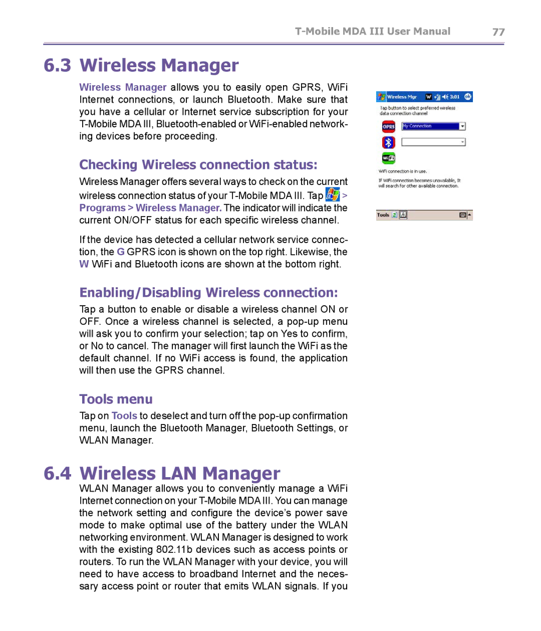 T-Mobile MDA III manual Wireless Manager, Wireless LAN Manager, Checking Wireless connection status, Tools menu 