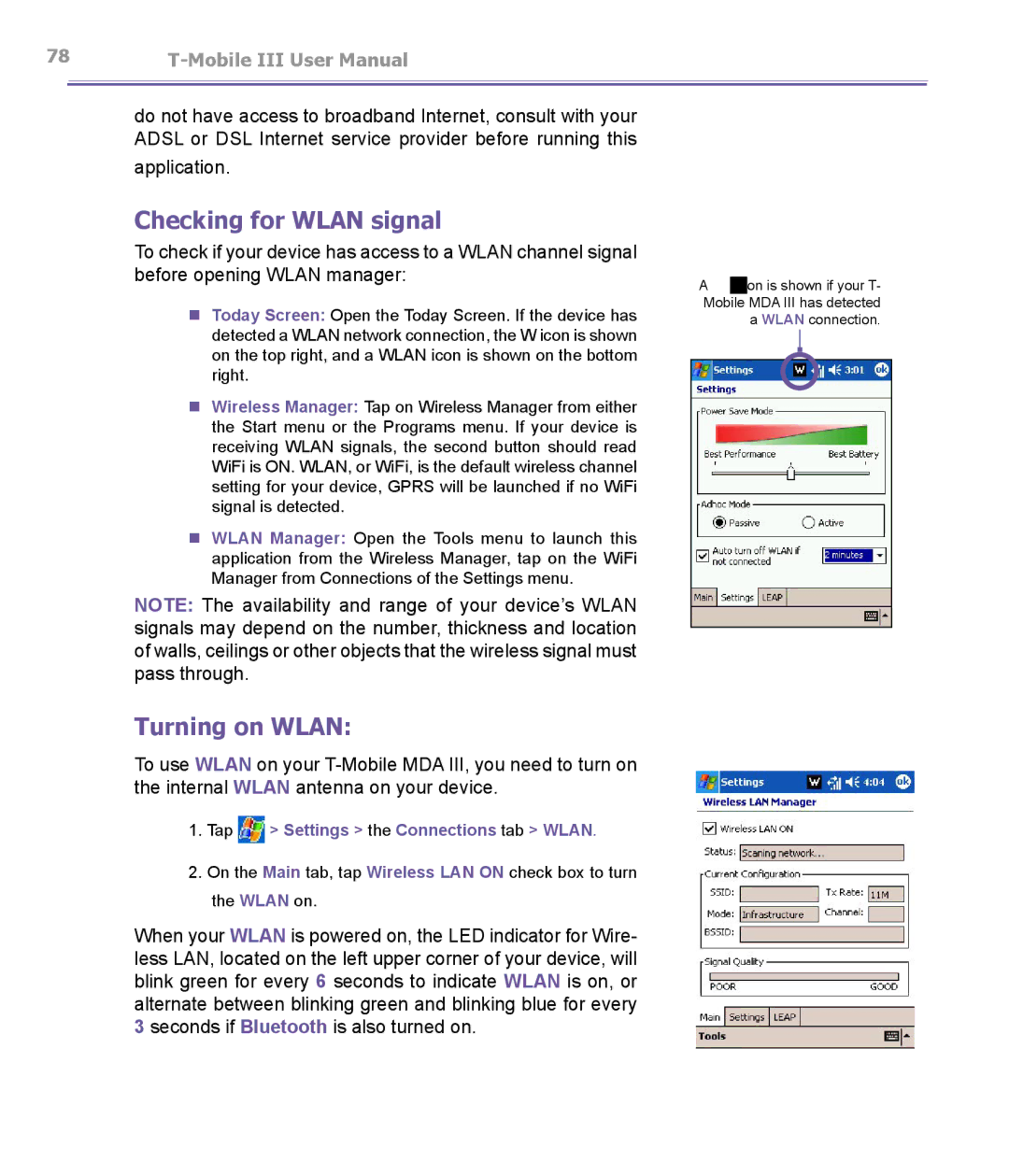 T-Mobile MDA III manual Checking for Wlan signal, Turning on Wlan, Application, Tap Settings the Connections tab Wlan 