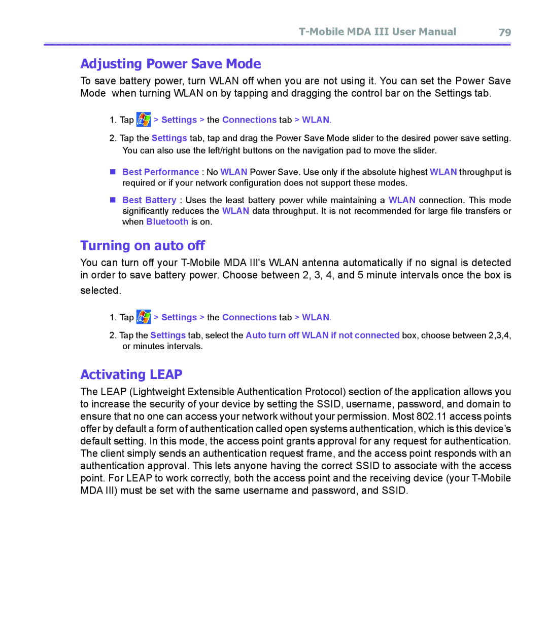 T-Mobile MDA III manual Adjusting Power Save Mode, Turning on auto off, Activating Leap, Selected 