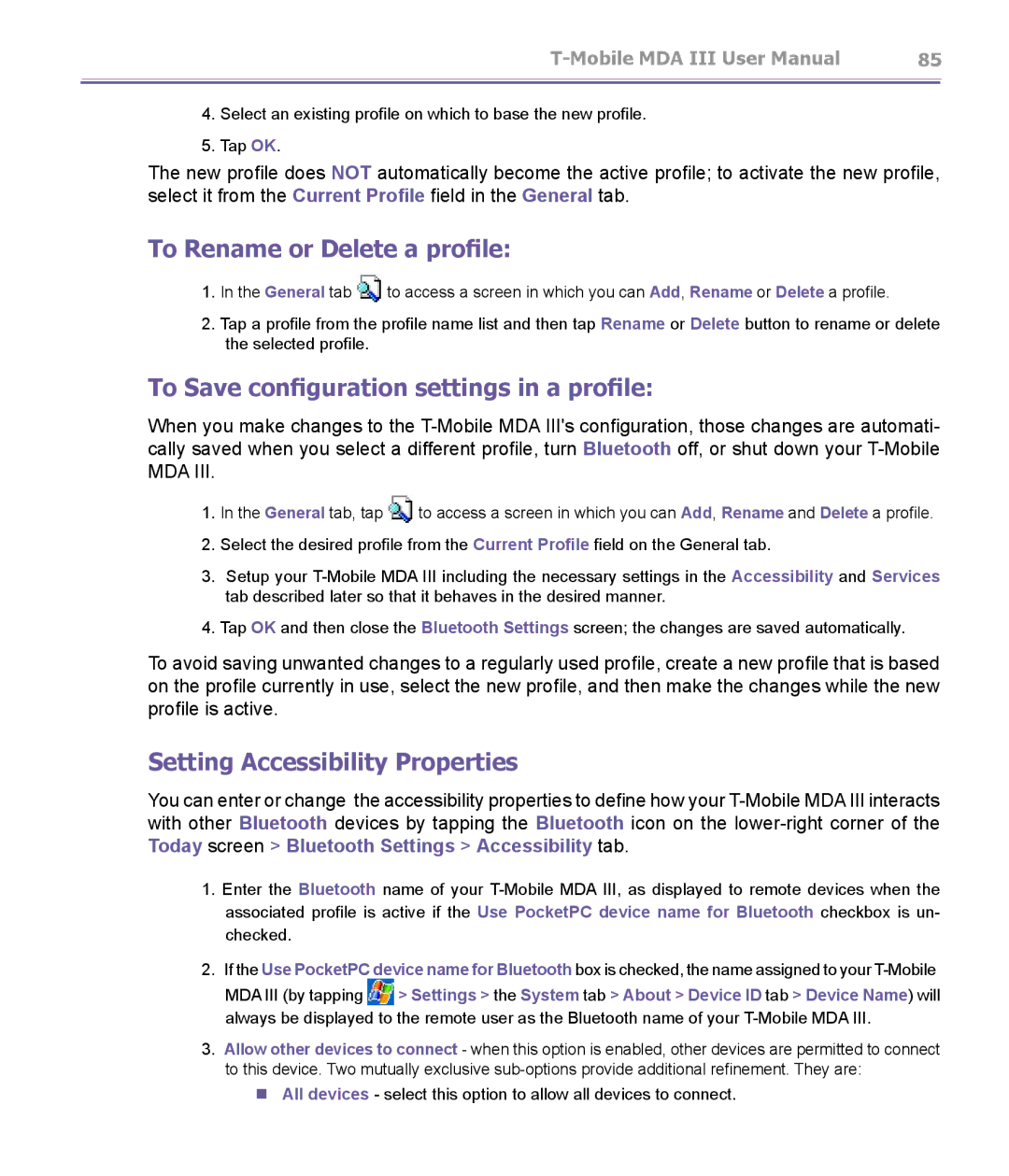 T-Mobile MDA III manual To Rename or Delete a profile, To Save configuration settings in a profile 