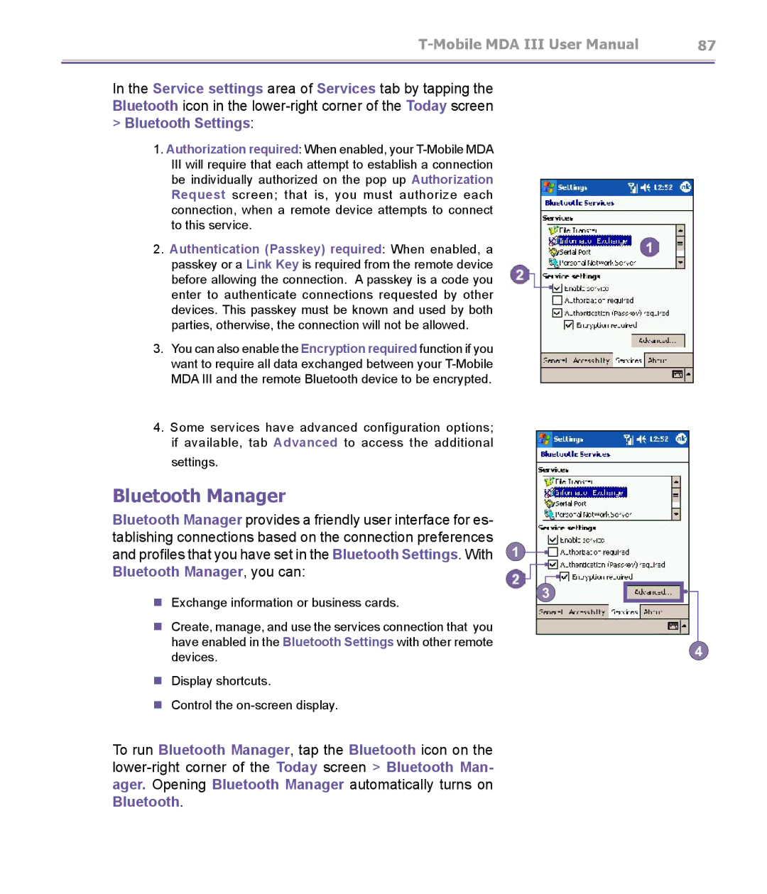 T-Mobile MDA III manual Bluetooth Manager, Bluetooth Settings 