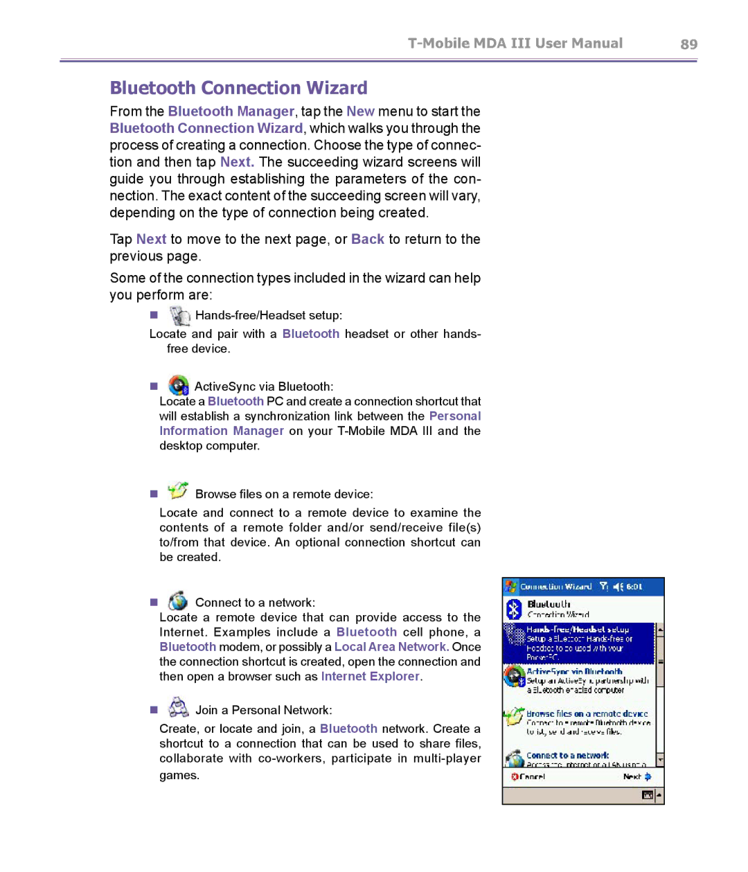 T-Mobile MDA III manual Bluetooth Connection Wizard 